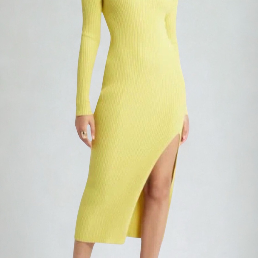 OPEN EDIT Yellow Ribbed Knit Long Sleeve Midi Dress with Side Slit